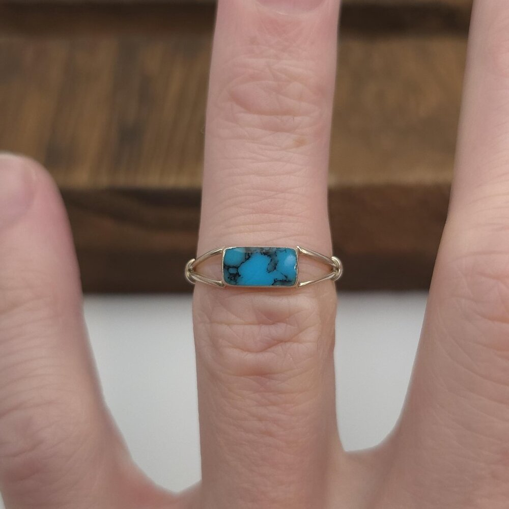 Size 6.25 Sterling Silver Rectangle Turquoise Stone Inlay Ring A1214